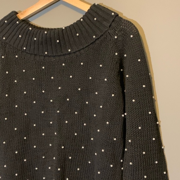 Vintage Sweater Womens Medium Pearl Knit Novelty Black Wide Neck Classic 80s - Picture 2 of 6